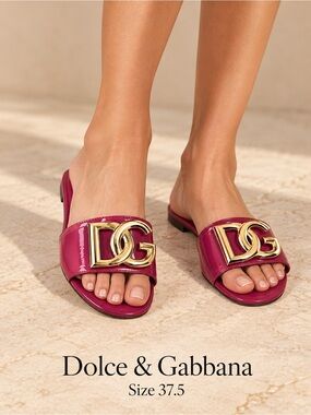 Dolce & Gabbana Magenta Patent Slide Sandals with Gold DG Logo